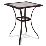 Patio Table Outdoor Garden Balcony Poolside Lawn Glass Top Steel Frame All Weather Dining Bistro Table (Mix Brown Square 28.5")