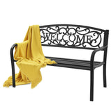 Outdoor Steel Garden Bench Park Bench, 50 Inch Patio Welcome Bench with Slated Seat & Floral Design Backrest
