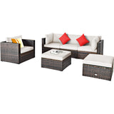 6 Pieces Patio Rattan Sectional Furniture Set, Outdoor Wicker Conversation Set with Glass Coffee Table Sofa Ottoman