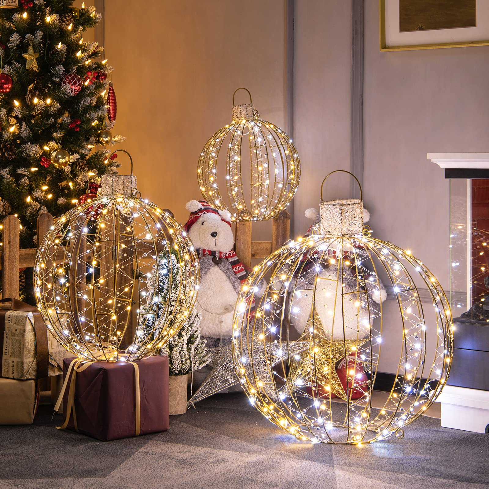 Tangkula Christmas LED Light Balls for Tree (3 Pack), Lighted Sphere with 180 Warm White & 180 White LED Lights