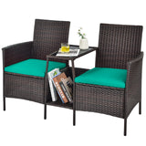 PE Wicker Outdoor Furniture Set, 2 Cushioned Seats and Tempered Glass Table