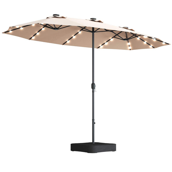 Tangkula 15 ft Solar LED Patio Double-Sided Umbrella with Base, Tan