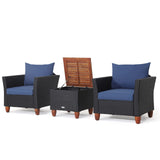 Tangkula 3 Pieces Patio Porch Furniture Set, PE Rattan Wicker Chair Conversation Set with Cushions and Storage Table