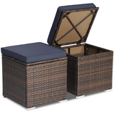 Tangkula 2 Pieces Patio Ottomans, Patiojoy Hand-Woven PE Rattan Side Table with Removable Cushion & Hidden Storage Space