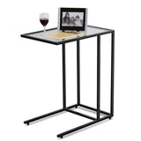 TANGKULA Sofa Side End Table, C Shaped Table Snack Table with Glass Top & Steel Frame