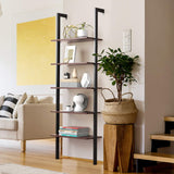 Tangkula Industrial Ladder Shelf Against The Wall, 5-Tier Wall Mount Ladder Bookshelf with Metal Frame