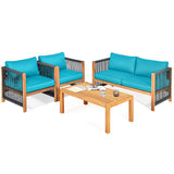 Outdoor Wood Furniture Set, Acacia Wood Frame Loveseat Sofa, 2 Single Chairs and Coffee Table