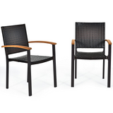 Tangkula 2 Pieces Stackable Patio Rattan Chair, Outdoor PE Wicker Dining Armchair W/Galvanized Steel Frame, Acacia-Topped Armrests