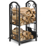 Tangkula Firewood Rack with 4 Fireplace Tools, Firewood Rack Bin Log Holder with Fireplace Tools Set