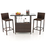 Tangkula Outdoor Bar Set, 3 Pieces Patio Wicker Bar Height Table and Chair Set with 3 Rows Stemware Racks