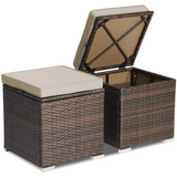 Tangkula 2 Pieces Patio Ottomans, Patiojoy Hand-Woven PE Rattan Side Table with Removable Cushion & Hidden Storage Space