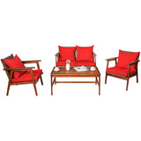 4/8PCS Patio Wood Sofa Set, Outdoor Acacia Wood Seating Chat Set with Cushions & Coffee Table