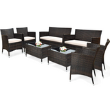 Tangkula 4-PCS Patio Rattan Conversation Set, Outdoor Wicker Furniture Set with Tempered Glass Coffee Table &Thick Cushion