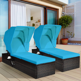 Outdoor Chaise Lounge Chair with Folding Canopy, Adjustable Cushioned Reclining Chair with Flip-up Tea Table