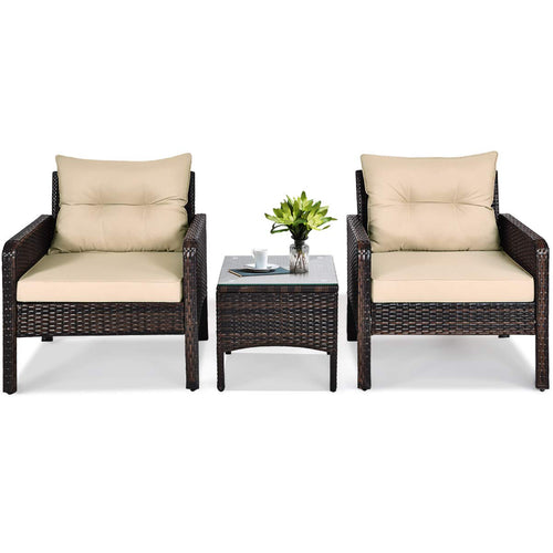 Tangkula 3 Pieces Patio Furniture Set Outdoor Rattan Wicker Coffee Table & Chairs Set