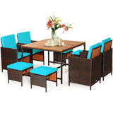 Tangkula 9 Pieces Acacia Wood Patio Dining Set, Space Saving Wicker Chairs and Wood Table with Umbrella Hole Outdoor Furniture Set
