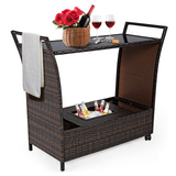 Tangkula Outdoor Wicker Bar Cart, Patio Wine Serving Cart w/Wheels & Removable Ice Bucket