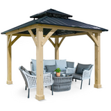 Tangkula 10 x 10 FT Outdoor Hardtop Gazebo, Double Roof Patio Gazebo with Cedar Wood Frame & Galvanized Steel Top