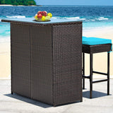 Patio Bar Set, 3 Piece Outdoor Rattan Wicker Bar Set with 2 Cushions Stools & Glass Top Table