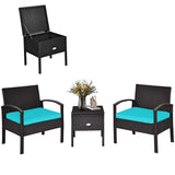 3 Pieces Patio Wicker Conversation Set, Outdoor Rattan Furniture with Washable Thick Cushion & Coffee Table