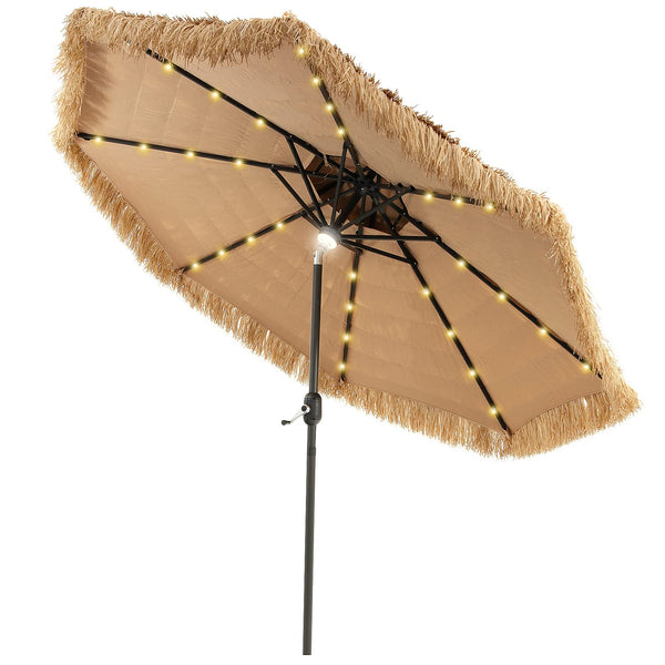 9 ft umbrella patio Tangkula 9 ft Thatched Patio Umbrella, 2 Tier Hawaiian Style Grass Beach Umbrella with 32 Led Lights