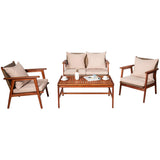 4/8PCS Patio Wood Sofa Set, Outdoor Acacia Wood Seating Chat Set with Cushions & Coffee Table