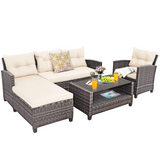 Tangkula 4 Pieces Rattan Conversation Set, Patiojoy Outdoor Furniture Set with Cushions, Lounge Sofa Set with Coffee Table