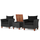 Tangkula 3 Pieces Patio Porch Furniture Set, PE Rattan Wicker Chair Conversation Set with Cushions and Storage Table