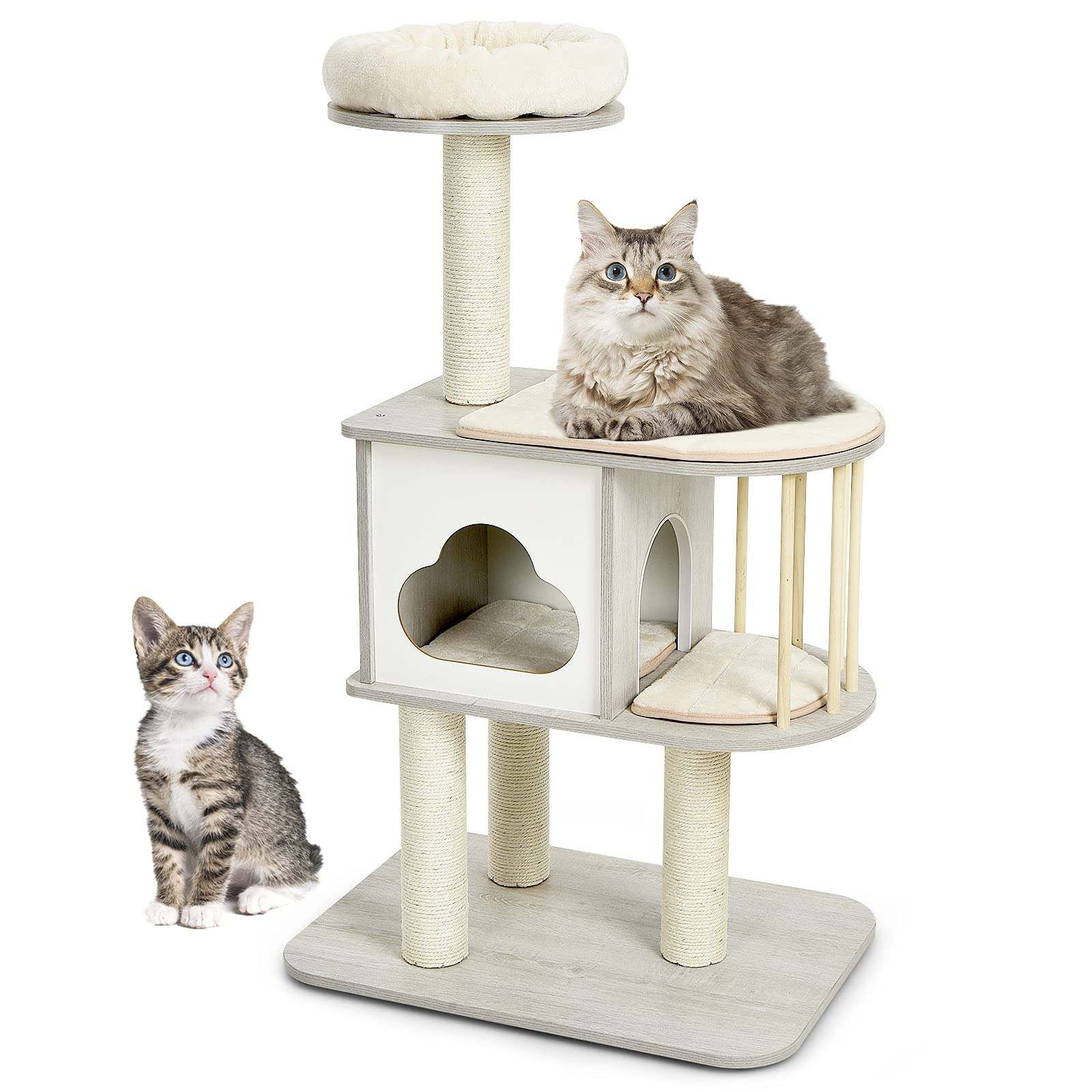 Modern Wood Cat Tree, 46 Inches Cat Tower with Platform - Tangkula