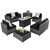 Tangkula 9 Pieces Patio Rattan Furniture Set, Patiojoy Sectional Sofa Set with Fire Pit Table