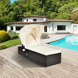 Outdoor Chaise Lounge Chair with Folding Canopy, Adjustable Cushioned Reclining Chair with Flip-up Tea Table