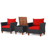 Tangkula 3 Pieces Patio Porch Furniture Set, PE Rattan Wicker Chair Conversation Set with Cushions and Storage Table