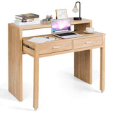 Extendable Computer Desk with 2 Drawers, Small Writing Desk with Pull Out Secondary Desk