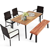 Tangkula 6 Pieces Patio Dining Set, Outdoor Acacia Wood and Wicker Furniture Set w/2.16" Hole