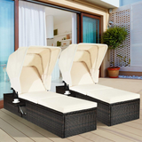 Outdoor Chaise Lounge Chair with Folding Canopy, Adjustable Cushioned Reclining Chair with Flip-up Tea Table