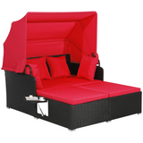Tangkula Patio Rattan Daybed, Patiojoy Wicker Daybed Loungerw/Retractable Canopy, 2 Foldable Side Panels
