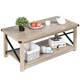 Tangkula Rustic Coffee Table, Farmhouse Accent Cocktail Table w/2 Tier Storage Shelf, Wide Tabletop & X Metal Frame