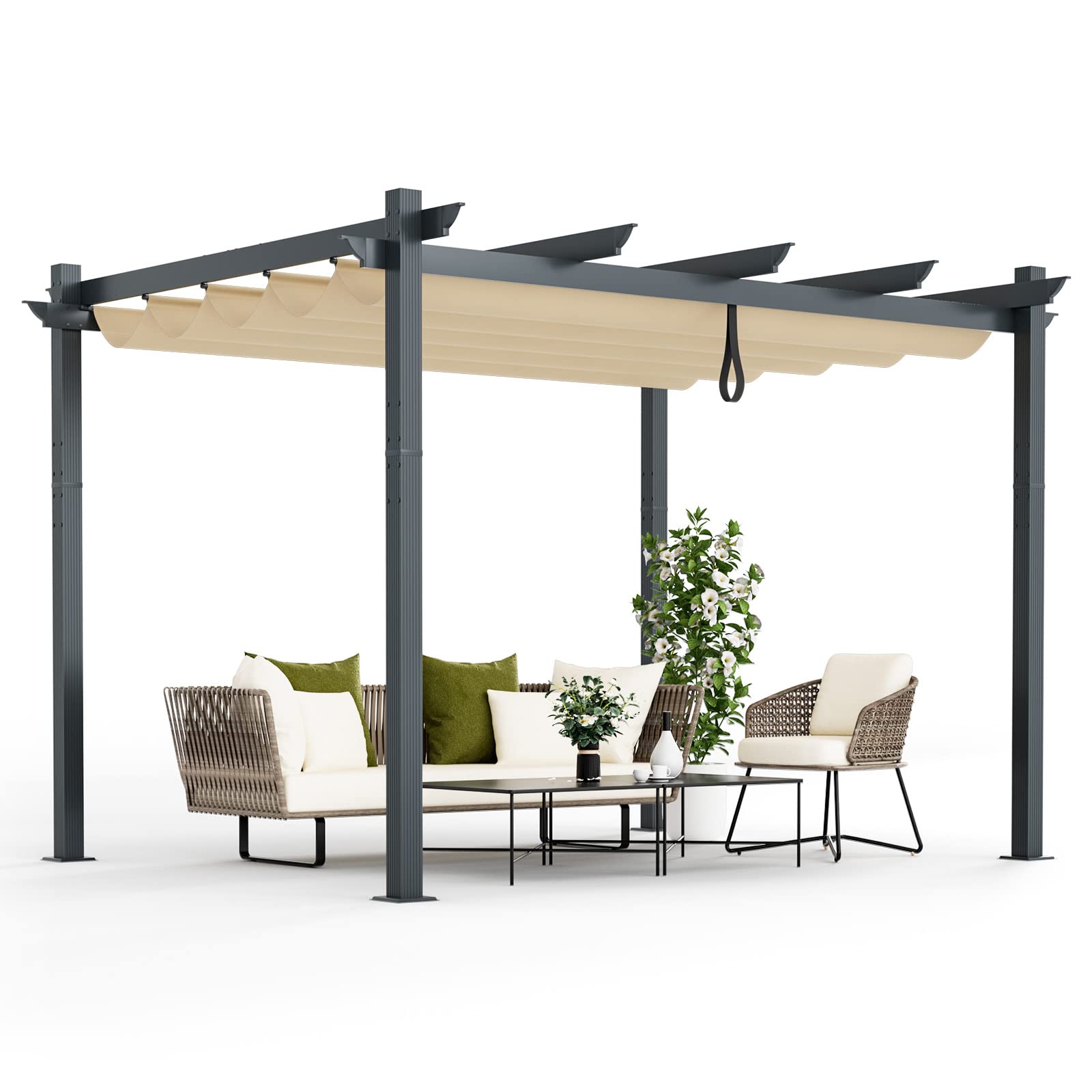 Tangkula 10x13 ft Pergola, Heavy-Duty Aluminum Outdoor Pergola with Retractable Sun Shade Canopy, 10'x12' / Beige