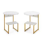 Tangkula White Faux Marble End Table, Modern 2-Tier Side Table with Round Tabletop & Square Shelf, Gold Frame Small Bedside Table