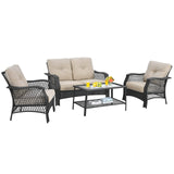 4 Pieces Outdoor Patio Furniture Set, Patiojoy PE Wicker Conversation Sofa Set with Tempered Glass Coffee Table