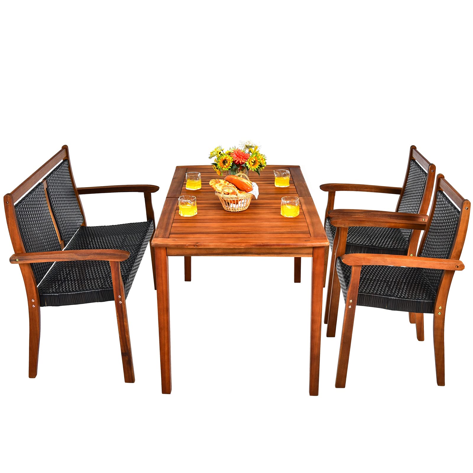 4 Pieces Patio Dining Set, Patiojoy Outdoor PE Rattan & Acacia Wood Dining Table Set with Umbrella Hole