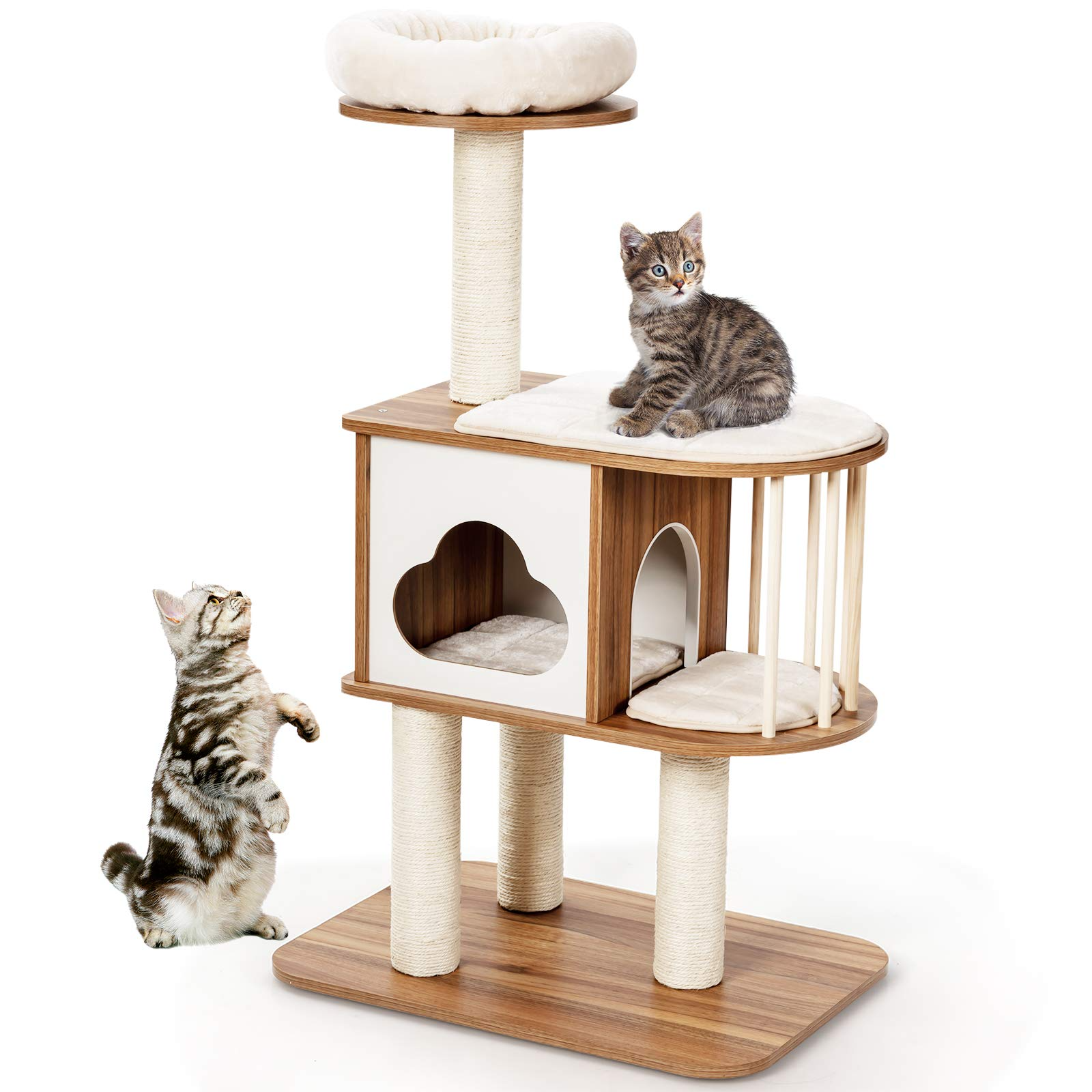 Tangkula Modern Wood Cat Tree, 46 Inches Cat Tower with Platform, Cat Activity Center with Scratching Posts and Washable Cushions