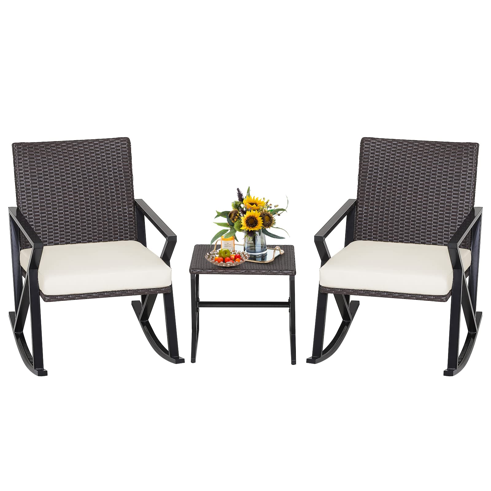 3 Piece Patio Wicker Rocking Chairs Set with Metal Frame Tangkula