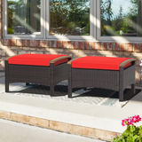 Tangkula 2 Piece Patio Rattan Ottomans, Outdoor Wicker Footstool w/ Acacia Wood Handles