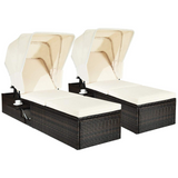 Outdoor Chaise Lounge Chair with Folding Canopy, Adjustable Cushioned Reclining Chair with Flip-up Tea Table