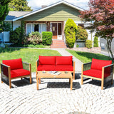 Outdoor Wood Furniture Set, Acacia Wood Frame Loveseat Sofa, 2 Single Chairs and Coffee Table