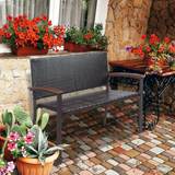 Tangkula Outdoor Stackable Bench, All-Weather PE Wicker Loveseat with Acacia Wood Armrests