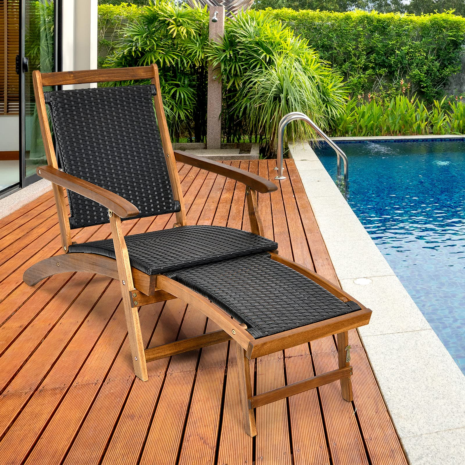 Acacia Wood Folding Chaise Lounge Chair - Tangkula