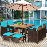 Tangkula 9 Pieces Acacia Wood Patio Dining Set, Space Saving Wicker Chairs and Wood Table with Umbrella Hole Outdoor Furniture Set
