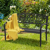 Outdoor Steel Garden Bench Park Bench, 50 Inch Patio Welcome Bench with Slated Seat & Floral Design Backrest